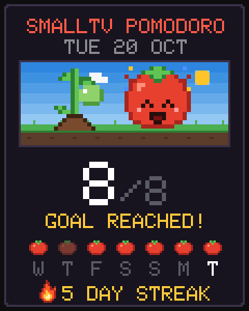 Pixel art day card: 8 of 8 sessions, goal reached, 5 day streak